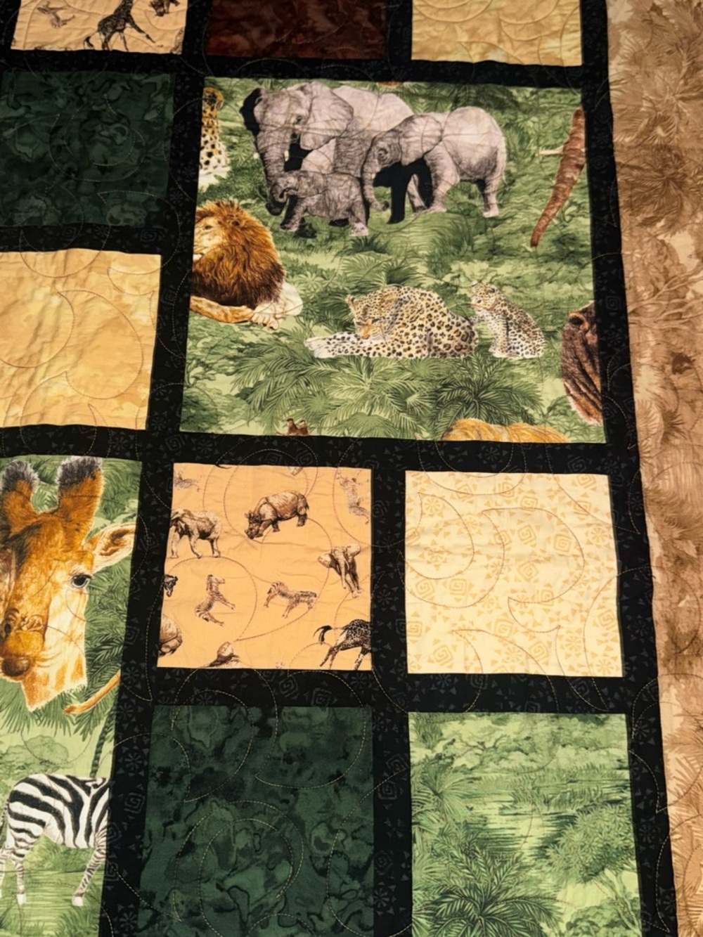 Safari Patchwork Quilted Throw - Green, Tan, Brown - Picture 4 of 9